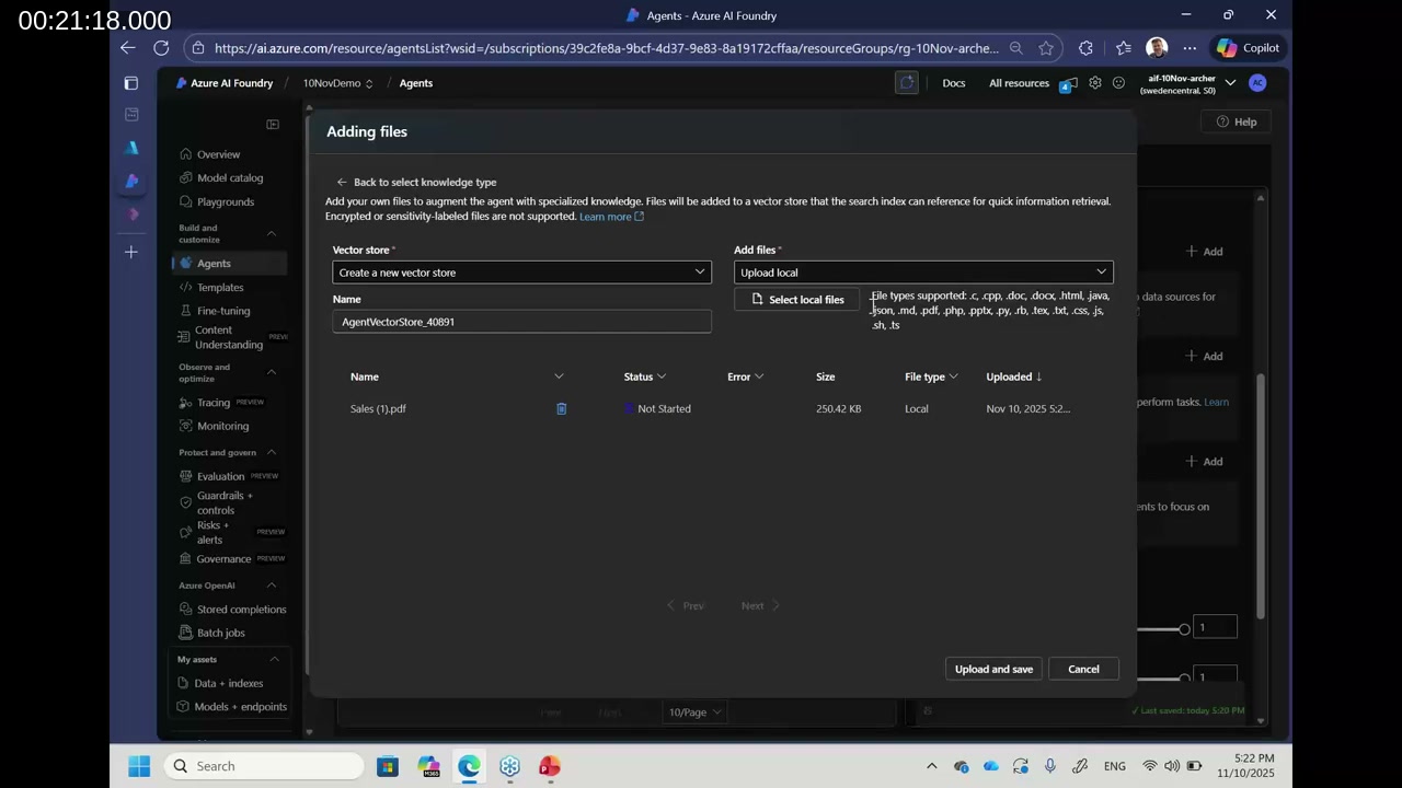 Azure AI Foundry Agents interface showing the file upload dialog for adding knowledge to an agent, with supported file types listed and a Sales PDF being uploaded to a new vector store