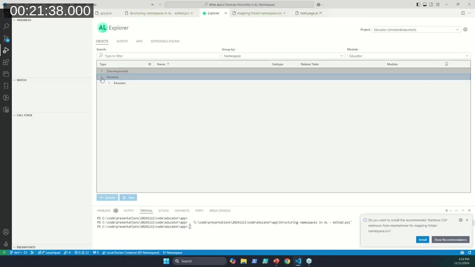 AL Explorer showing objects from the Educator app grouped by namespace: Christian and Educator modules visible