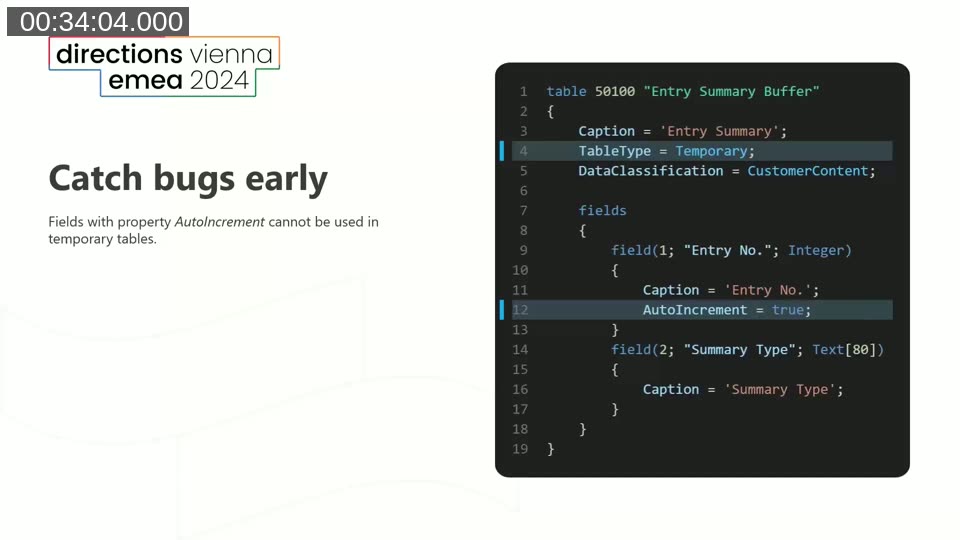 Slide showing AL code for a temporary table with AutoIncrement field, illustrating a bug that LinterCop can catch at compile time.