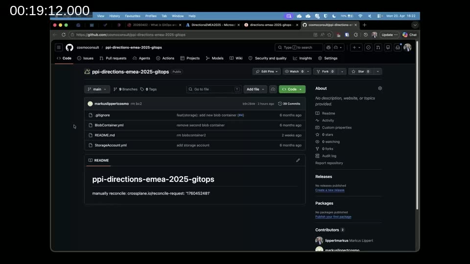 GitHub repository ppi-directions-emea-2025-gitops showing StorageAccount.yml and BlobContainer.yml files