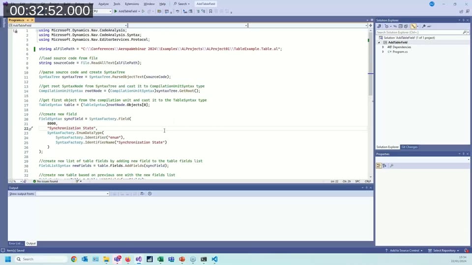 VS Code showing an AL table file with pragma directives wrapping a field, illustrating how trivia attaches to syntax nodes