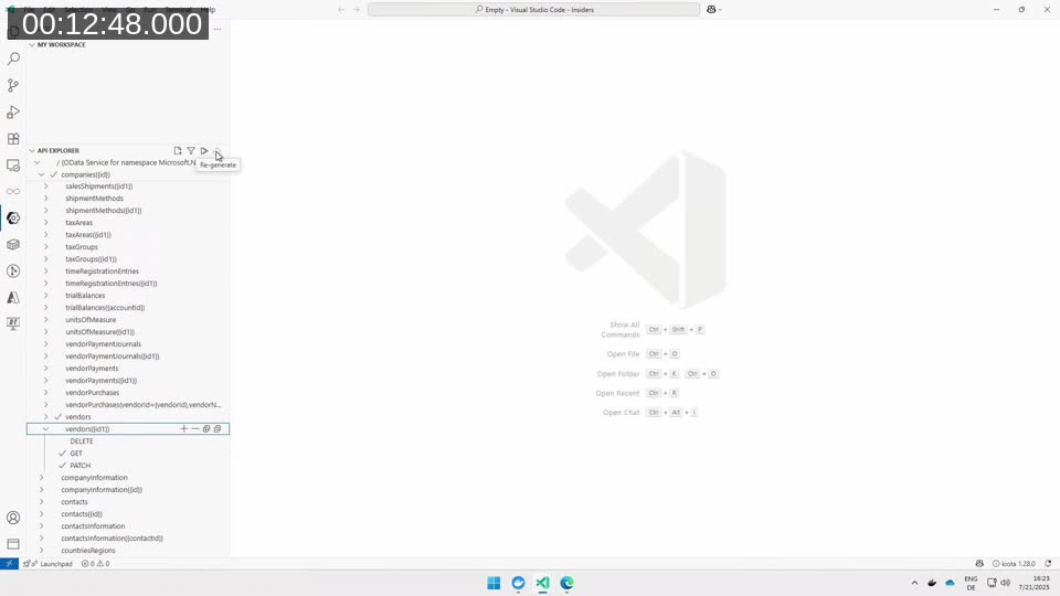 Kiota VS Code extension API Explorer showing the BC OData service with endpoints like vendors and their operations (GET, PATCH, DELETE) available for selective code generation