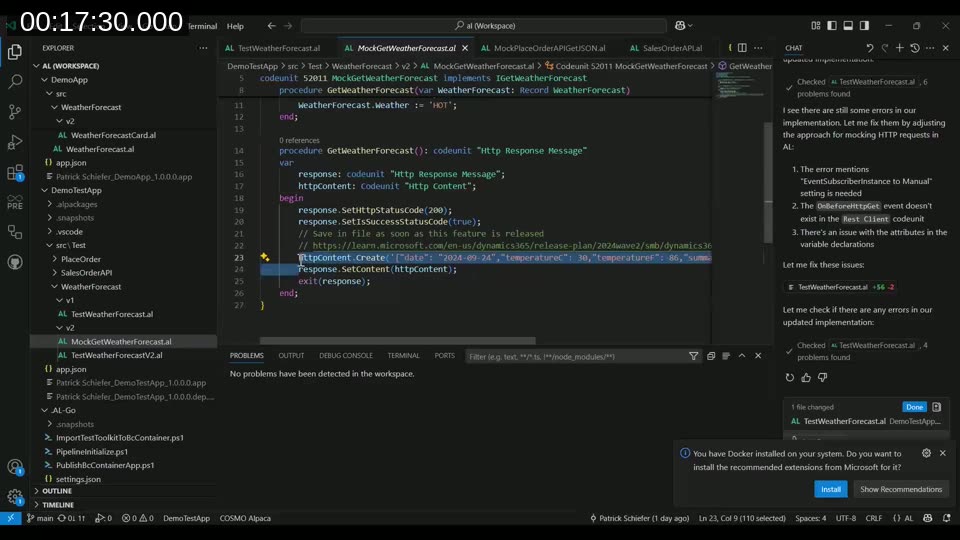 VS Code showing MockGetWeatherForecast codeunit that implements IGetWeatherForecast interface and returns a hard-coded JSON response with fake weather data