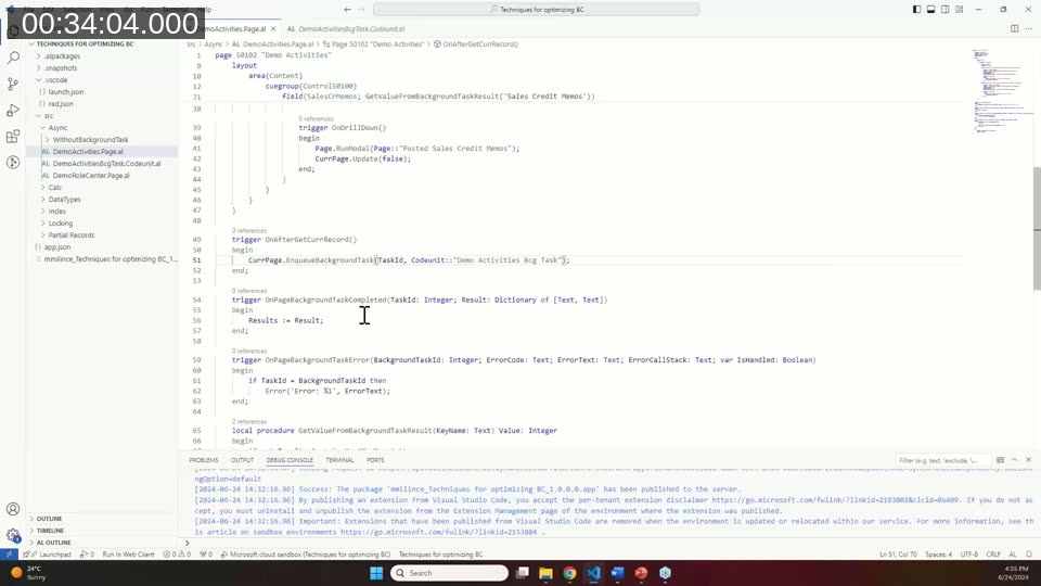 VS Code showing the DemoActivitiesBgTask codeunit with EnqueueBackgroundTask, OnPageBackgroundTaskCompleted, and OnPageBackgroundTaskError triggers