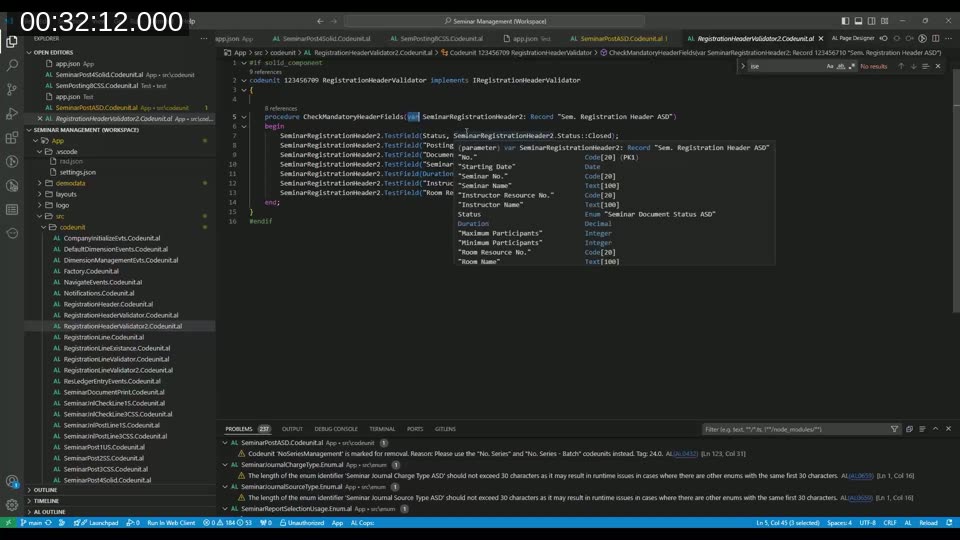AL code for RegistrationHeaderValidator implementing IRegistrationHeaderValidator, showing CheckMandatoryHeaderFields using TestField calls with a VAR parameter for the seminar registration record