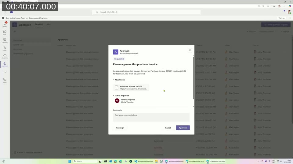 Microsoft Teams Approvals app showing a list of pending approval requests with an open approval card for a purchase invoice
