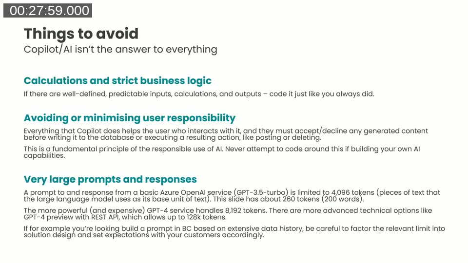 Slide titled 'Things to avoid' covering calculations and strict business logic, avoiding user responsibility, and very large prompts and responses