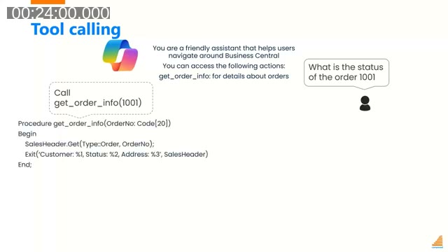 Tool calling diagram showing how a user question triggers get_order_info in Business Central AL code