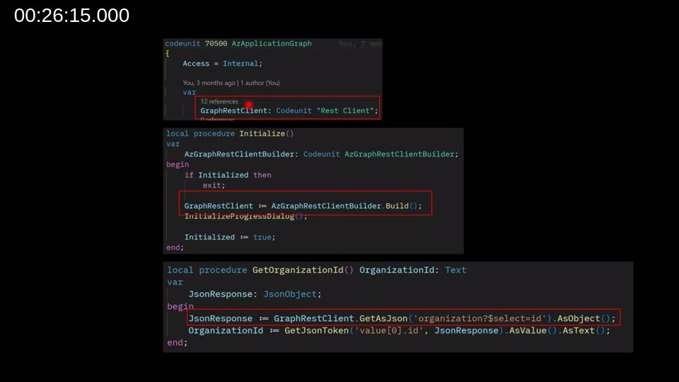 Real-world AL code showing a Rest Client used as a global variable with a builder pattern and relative URLs for calling the Azure application graph