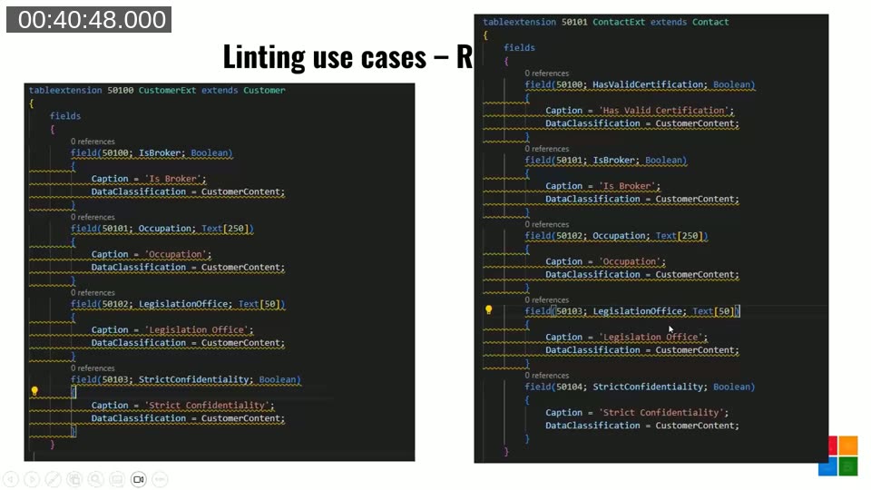 Slide showing two table extensions, CustomerExt and ContactExt, where field IDs overlap with mismatched types and captions, illustrating the transfer-fields collision problem that a custom rule can detect