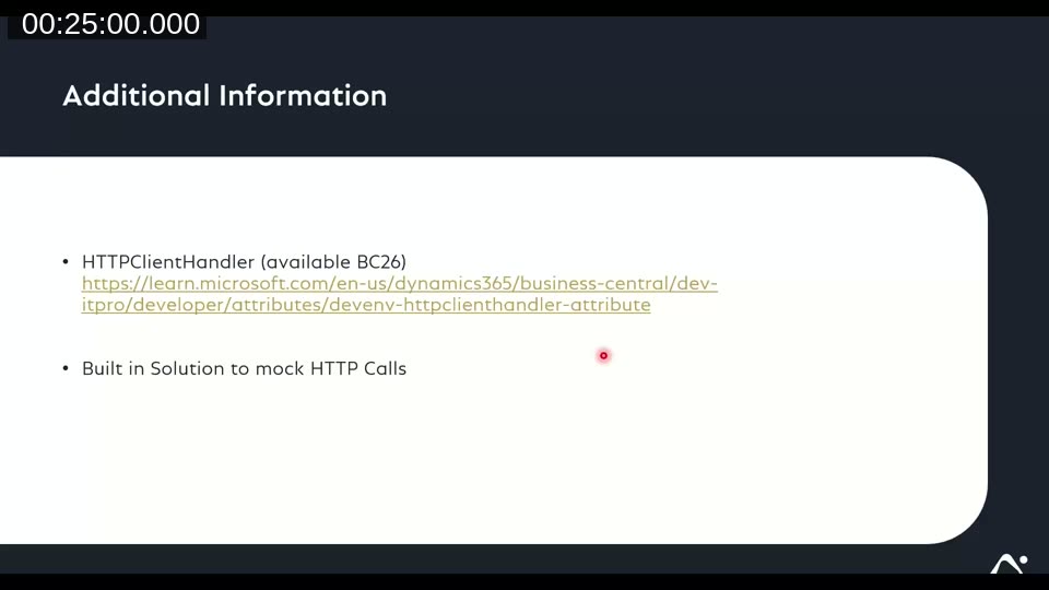 Slide noting HTTPClientHandler available in BC26 as a built-in alternative for mocking HTTP calls, with a link to Microsoft documentation