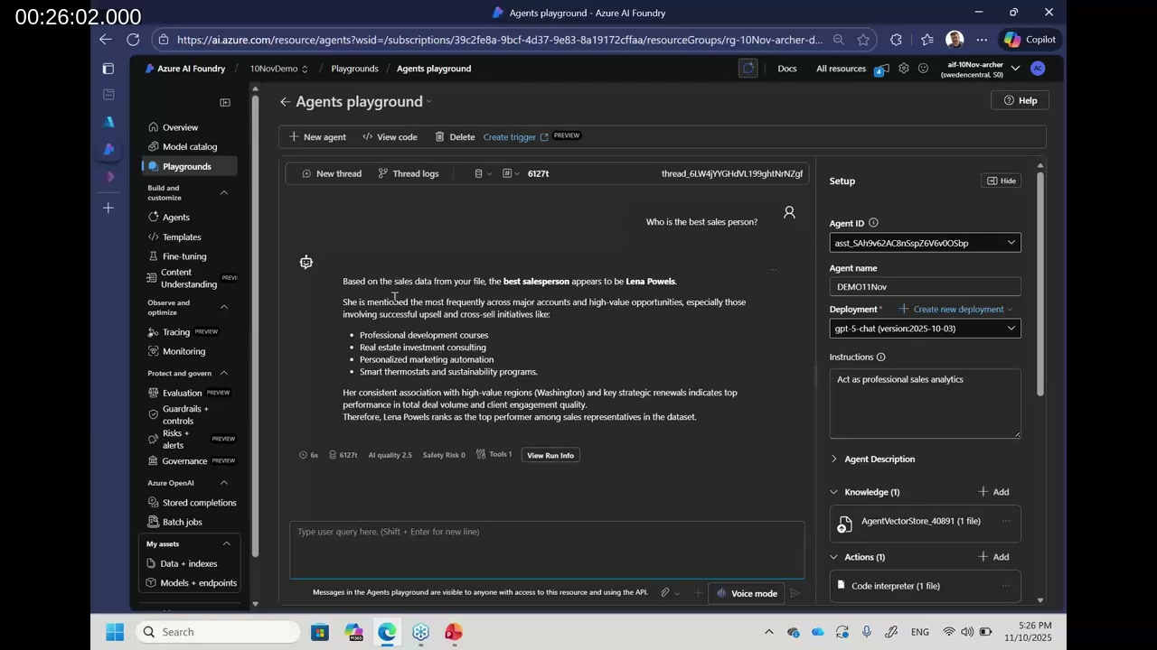 Azure AI Foundry Agents playground showing the response to 'Who is the best sales person?' — identifying Lena Powels based on code-interpreted analysis of uploaded sales data