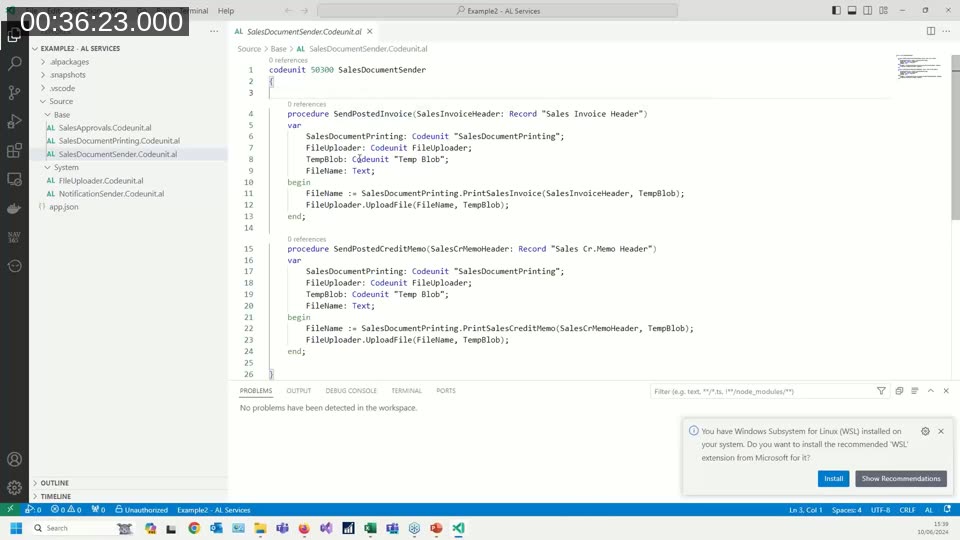 VS Code showing SalesDocumentSender codeunit with SendPostedInvoice and SendPostedCreditMemo procedures calling lower-level service codeunits