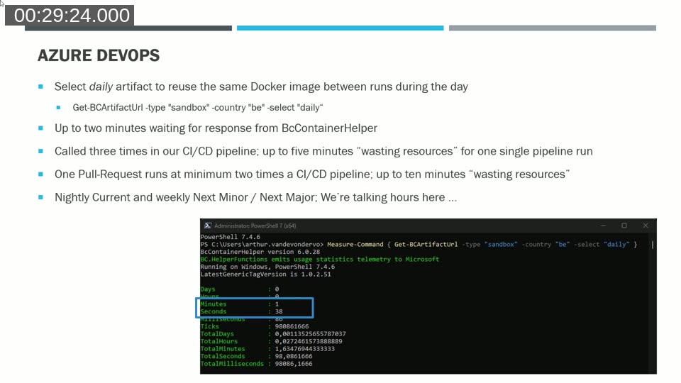 Slide: Azure DevOps timing problem — BcContainerHelper can take up to 2 minutes, called 3 times per pipeline run, resulting in up to 10 minutes wasted per pull request