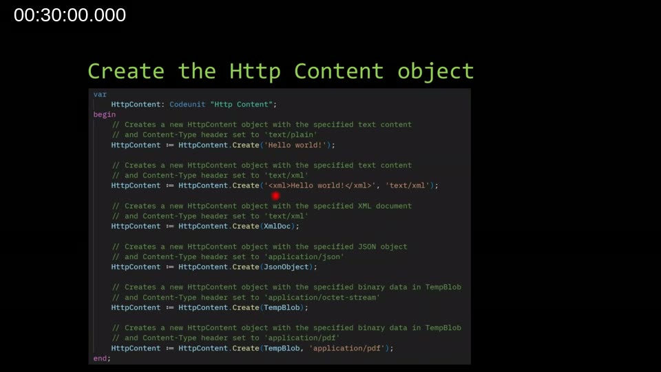 Code examples showing HttpContent.Create() with text, XML documents, JSON objects, TempBlob, and custom MIME types