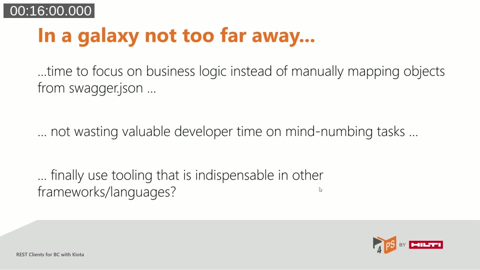 Slide titled 'In a galaxy not too far away...' describing the vision: focusing on business logic instead of swagger.json mapping, not wasting developer time on repetitive tasks, using tooling common in other frameworks