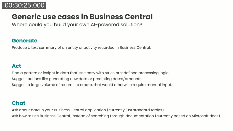 Slide summarising generic use cases across the Generate, Act, and Chat categories for building custom AI-powered solutions in Business Central