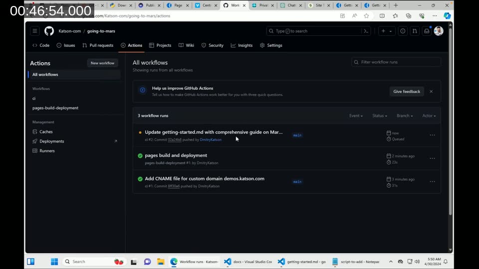 GitHub Actions workflow runs list showing the CI pipeline and pages-build-deployment workflows successfully deploying the documentation site