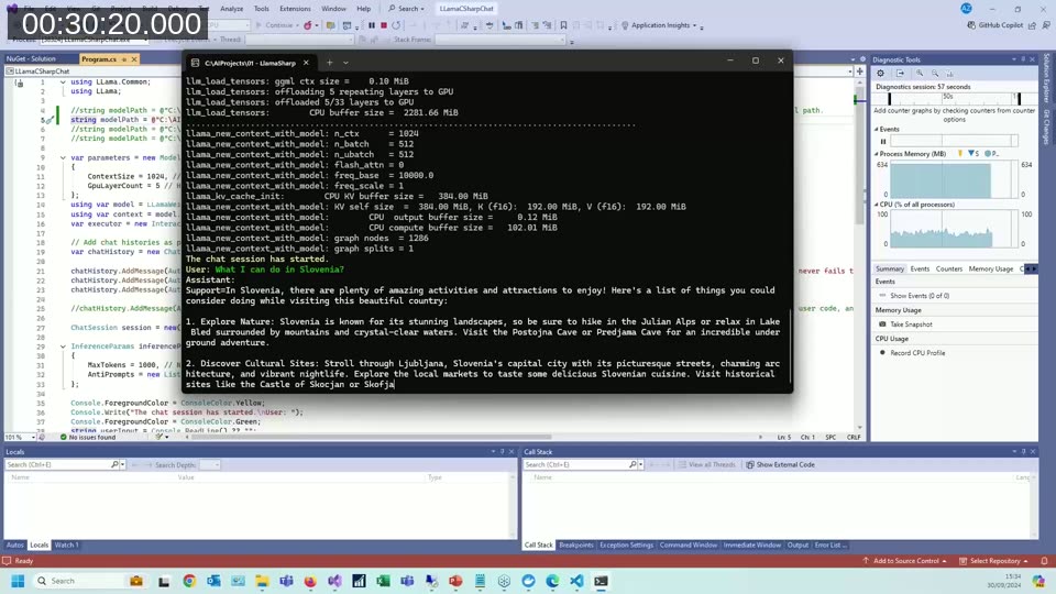 Console output showing LlamaSharp running on an NVIDIA RTX 3070 GPU, streaming a chat response about Slovenia with visible token generation speed