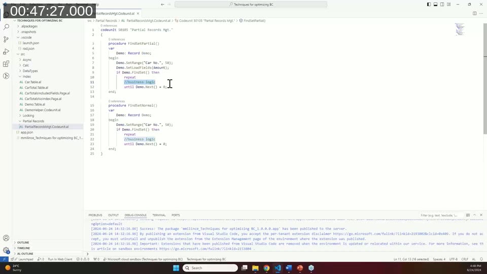 VS Code showing two AL procedures: FindSetPartial using SetLoadFields(Amount) and FindSetNormal without, demonstrating the difference in fields loaded