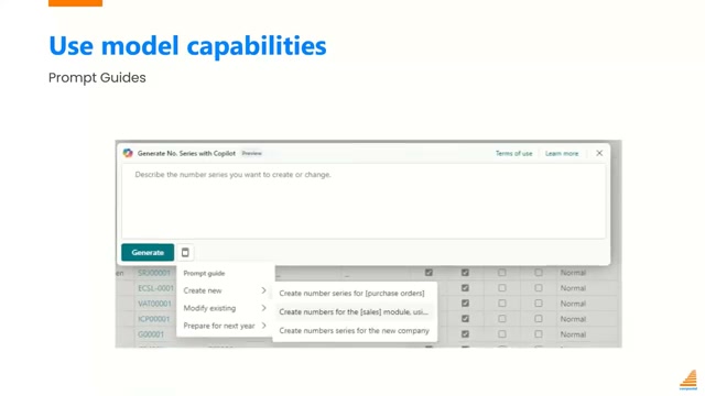 Business Central Prompt Guides UI showing predefined prompt templates for number series generation