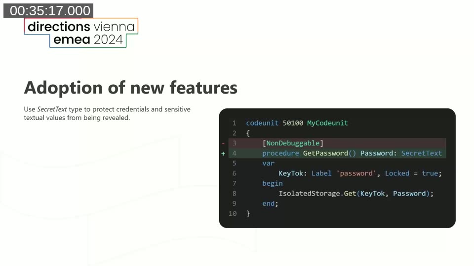 Slide showing AL code migrating from NonDebuggable text to SecretText type for secure credential handling.