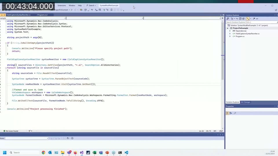 C# class FieldCaptionsSyntaxRewriter inheriting from SyntaxRewriter and overriding VisitField to add a Caption property