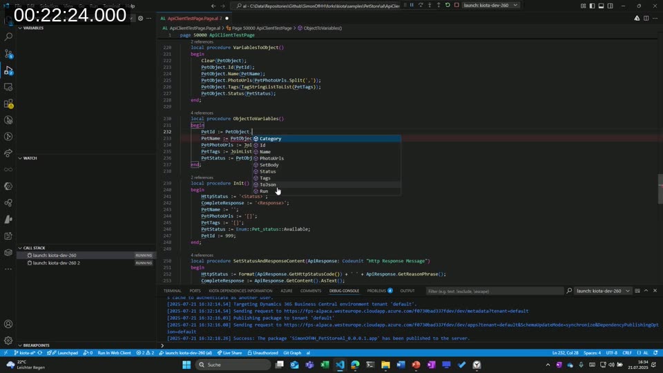 VS Code showing AL code with IntelliSense autocomplete on a Kiota-generated Pet model object, displaying strongly-typed properties like Category, Id, Name, PhotoUrls, Status, and Tags
