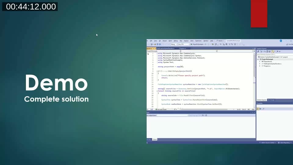 Complete command-line C# solution that loads every AL file in a project, applies a SyntaxRewriter, formats, and saves