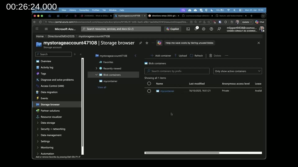 Azure Portal storage browser showing a manual metadata change made outside the GitOps workflow