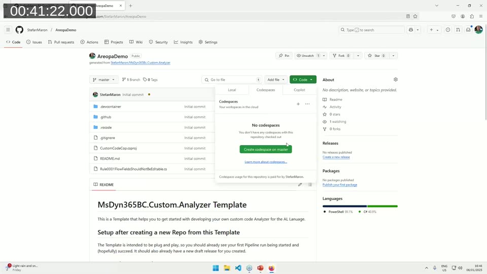 GitHub page for the MsDyn365BC.Custom.Analyzer template repository created by Stefan Maron.