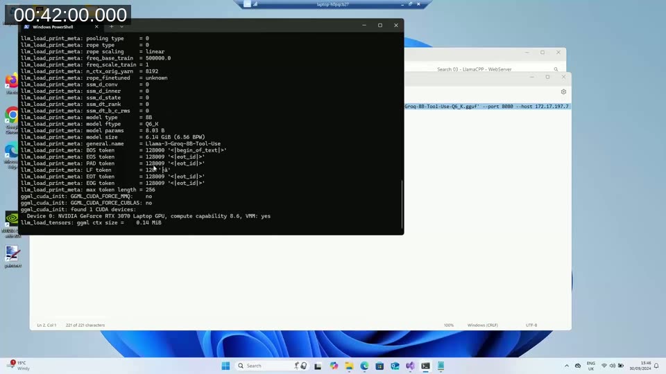 Windows PowerShell showing llama.cpp server loading a Groq Llama-3 model with CUDA NVIDIA RTX 3070 GPU detected and the server ready to accept requests