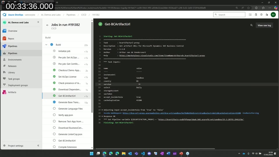 Azure DevOps pipeline run showing the Get-BCArtifactUrl step completing in under 1 second using the proxy extension