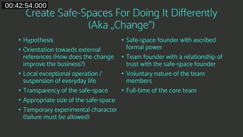 Slide titled 'Create Safe-Spaces For Doing It Differently (Aka Change)' listing conditions including hypothesis, suspension of everyday business, transparency, voluntary participation, and full-time core team