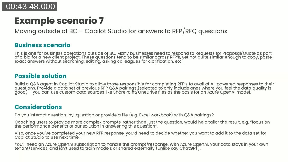 Slide for Example scenario 7: using Copilot Studio to build a Q&A agent that answers RFP and RFQ questions based on historical question-and-answer pairings
