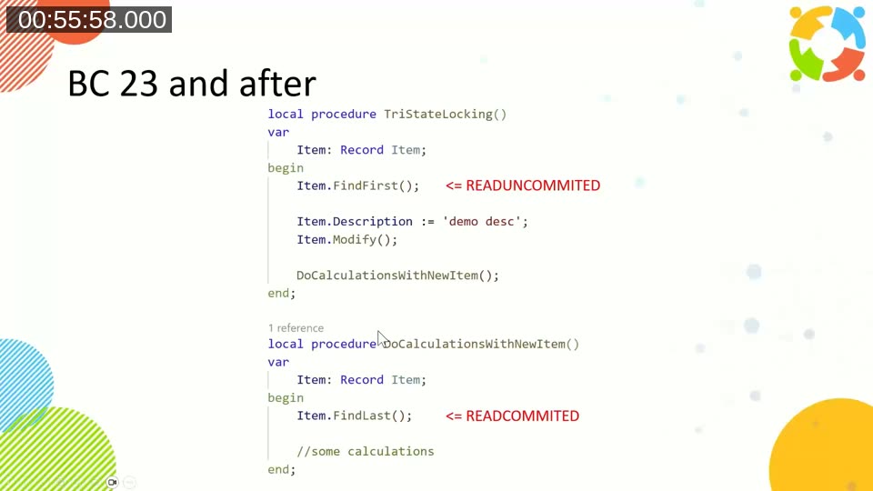 Slide showing AL code for BC 23 and later: FindFirst annotated as READUNCOMMITTED, followed by Modify, with FindLast in a called procedure annotated as READCOMMITTED