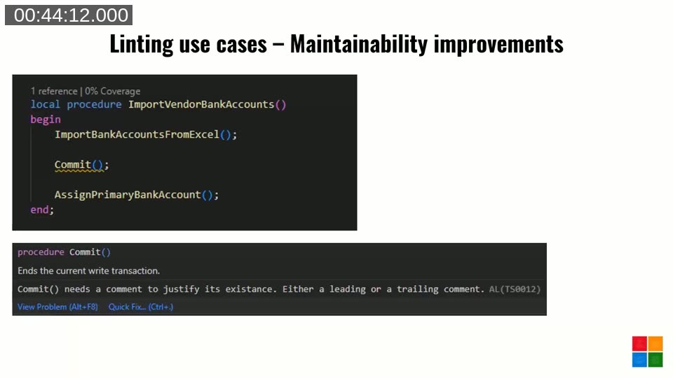 Slide titled Linting use cases - Maintainability improvements showing an AL procedure with a bare Commit() call and the warning that Commit needs a leading or trailing comment to justify its existence