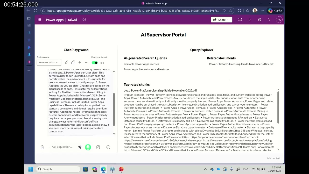 AI Supervisor Portal built in Power Apps Canvas app, showing a chat playground on the left and a Query Explorer on the right with AI-generated search queries, related documents, and top-rated document chunks from Azure AI Search