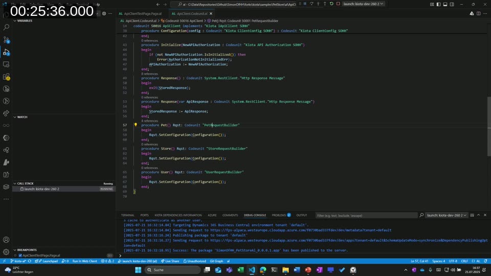 VS Code showing the generated AL ApiClient codeunit with procedures for Configuration, Initialize, Response getters/setters, and request builder methods for Pet, Store, and User entities