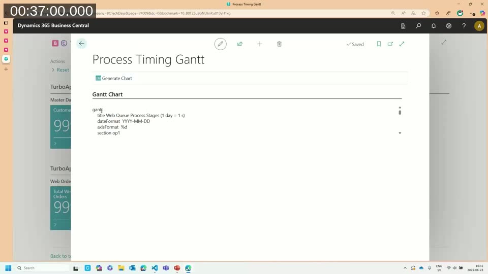 Business Central page called 'Process Timing Gantt' with a Generate Chart button — AL code converts log entries into Mermaid Gantt syntax so developers can visualise which operations are running slow