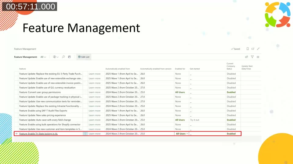 Business Central Feature Management page with the 'Feature: Enable Tri-State locking in AL' row highlighted and shown as Enabled for All Users
