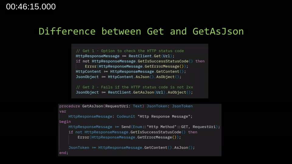 Side-by-side comparison of RestClient.Get() with manual status-code checking versus RestClient.GetAsJson() which handles the success check internally