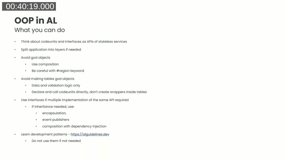 Summary slide: OOP in AL — what you can do, covering codeunits as APIs, layered architecture, composition, interfaces, and AL guidelines