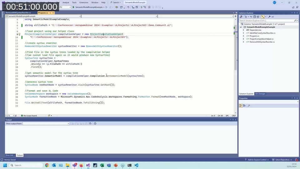 C# code building a semantic model with a ProjectCompilationHelper and passing it into a RemoveWithSyntaxRewriter