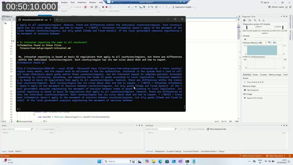 Console output showing a .NET semantic search demo querying Business Central Intrastat documentation — displaying the matched text chunk and the AI-generated answer