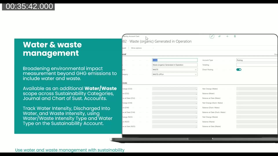 Water and waste management feature slide alongside a Sustainability Account Card showing waste categories in Business Central