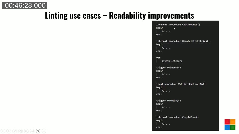 Slide titled Linting use cases - Coding Conventions showing warnings that global variables should be prefixed with g and that the exit keyword must be capitalized