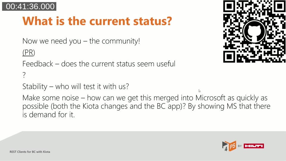 Slide titled 'What is the current status?' with a GitHub QR code, asking the community for feedback on the PR, stability testing, and help getting the implementation merged into Microsoft's Kiota repository