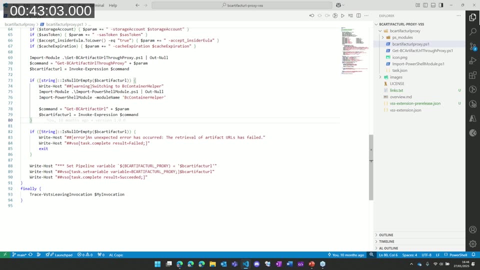 VS Code showing the extension PowerShell fallback logic — if the proxy fails, the script falls back to installing BcContainerHelper directly