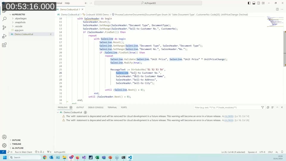 AL codeunit after refactoring: with statements removed and field accesses correctly qualified with SalesHeader or SalesLine based on semantic model lookup